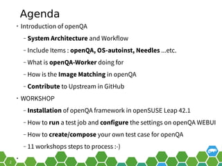 Agenda
• Introduction of openQA
‒ System Architecture and Workflow
‒ Include Items : openQA, OS-autoinst, Needles ...etc.
‒ What is openQA-Worker doing for
‒ How is the Image Matching in openQA
‒ Contribute to Upstream in GitHub
• WORKSHOP
‒ Installation of openQA framework in openSUSE Leap 42.1
‒ How to run a test job and configure the settings on openQA WEBUI
‒ How to create/compose your own test case for openQA
 
