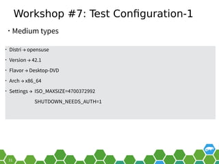 Workshop #7: Test Configuration-1
• Medium types
• Distri → opensuse
• Version → 42.1
• Flavor → Desktop-DVD
• Arch → x86_64
• Settings → ISO_MAXSIZE=4700372992
SHUTDOWN_NEEDS_AUTH=1
 