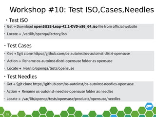 Workshop #10: Test ISO,Cases,Needles
• Test Needles
• Get → Download openSUSE-Leap-42.1-DVD-x86_64.iso file from official website
• Locate → /var/lib/openqa/factory/iso
• Test ISO
• Get → $git clone https://github.com/os-autoinst/os-autoinst-distri-opensuse
• Action → Rename os-autoinst-distri-opensuse folder as opensuse
• Locate → /var/lib/openqa/tests/opensuse
• Test Cases
• Get → $git clone https://github.com/os-autoinst/os-autoinst-needles-opensuse
• Action → Rename os-autoinst-needles-opensuse folder as needles
• Locate → /var/lib/openqa/tests/opensuse/products/opensuse/needles
 