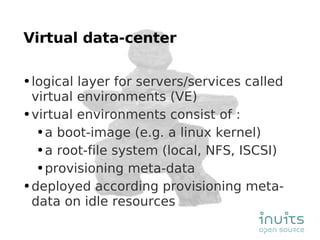 Virtual data-center logical layer for servers/services called virtual environments (VE) virtual environments consist of : a boot-image (e.g. a linux kernel) a root-file system (local, NFS, ISCSI) provisioning meta-data deployed according provisioning meta-data on idle resources 