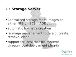 1 : Storage Server Centralized storage for fs-images on either NFS or ISCSI , AOE , ... automatic fs-image creation fs-image management tools e.g. create, remove, clone support for local root-file-systems through local-deployment plug-in 