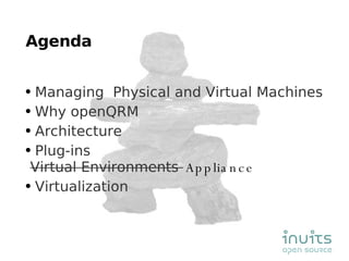 Agenda Managing  Physical and Virtual Machines Why openQRM  Architecture Plug-ins Virtual Environments  Appliance Virtualization 