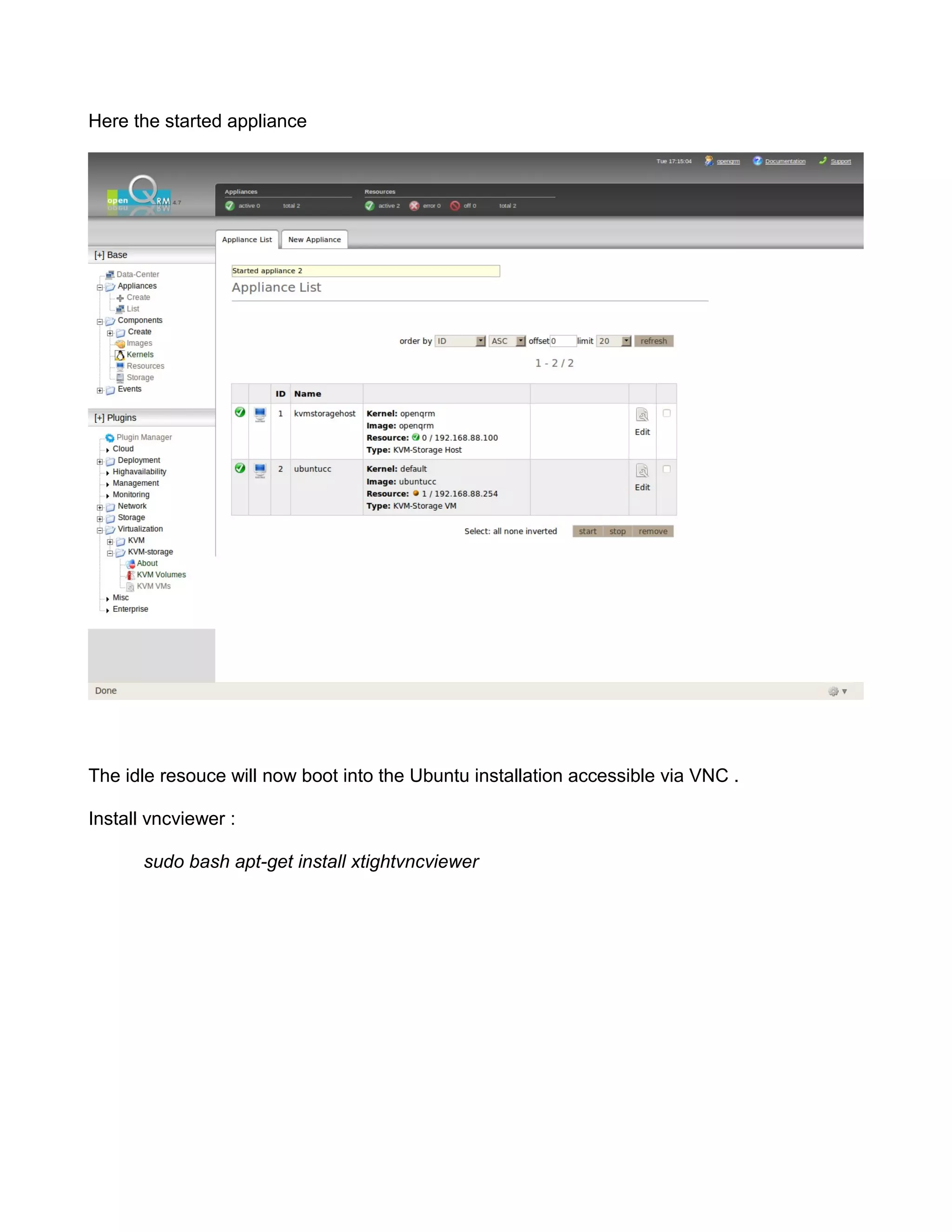 Here the started appliance
The idle resouce will now boot into the Ubuntu installation accessible via VNC .
Install vncviewer :
sudo bash apt-get install xtightvncviewer
 