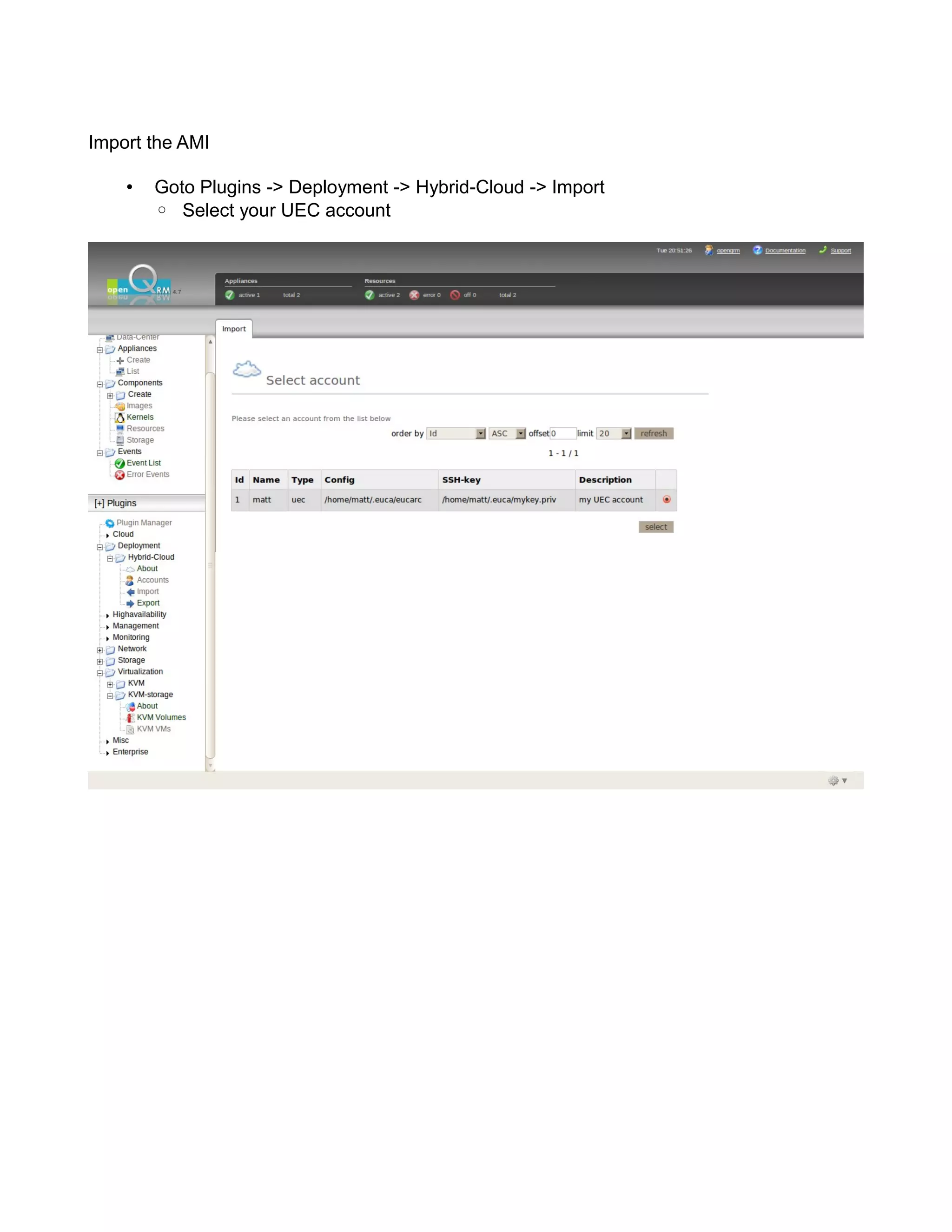 Import the AMI
• Goto Plugins -> Deployment -> Hybrid-Cloud -> Import
◦ Select your UEC account
 