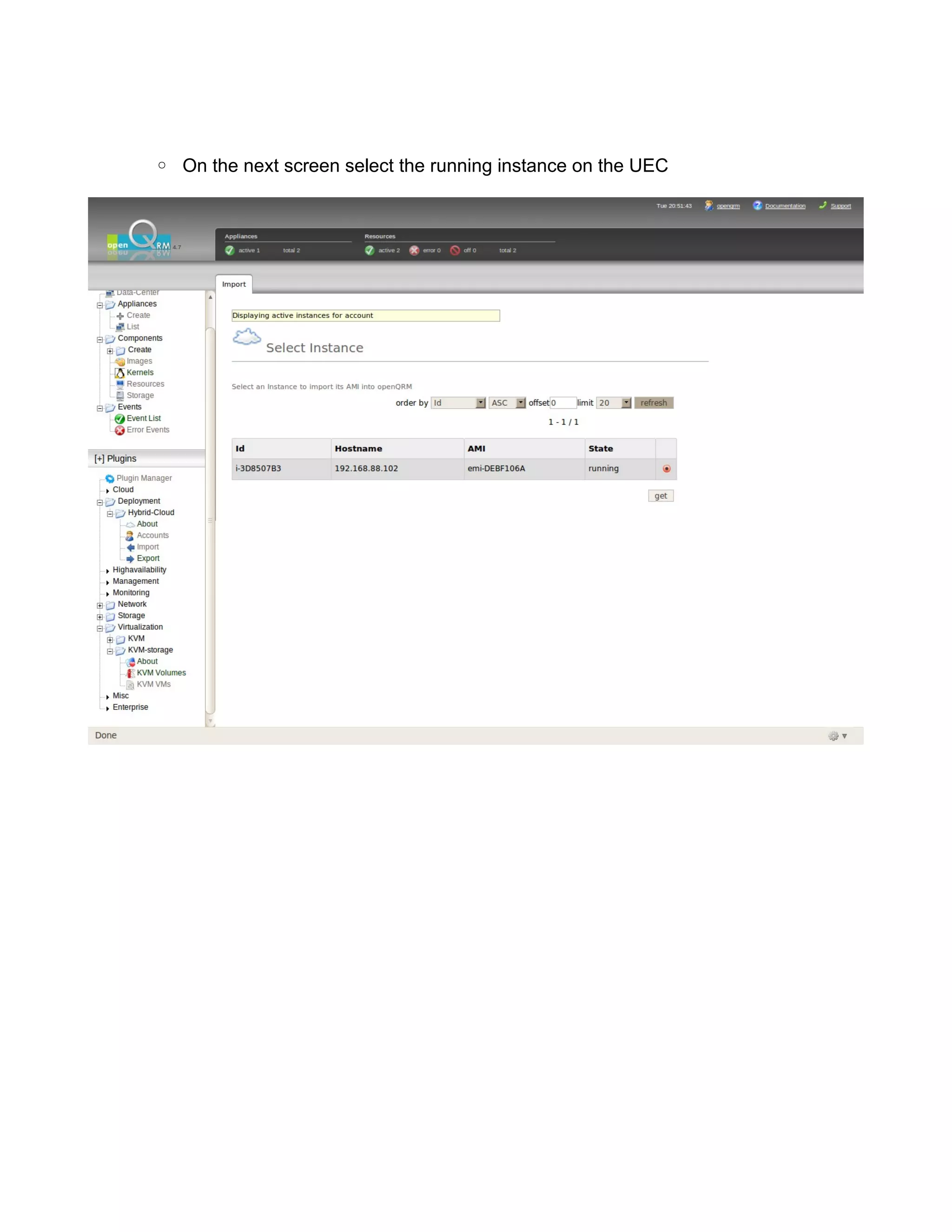 ◦ On the next screen select the running instance on the UEC
 
