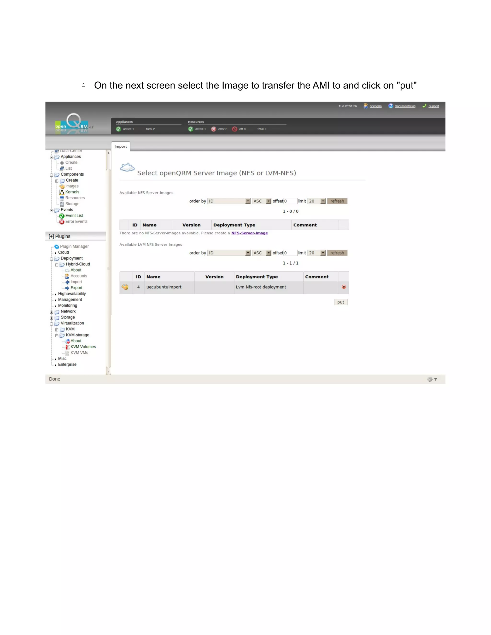 ◦ On the next screen select the Image to transfer the AMI to and click on "put"
 