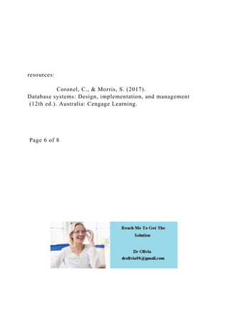 resources:
Coronel, C., & Morris, S. (2017).
Database systems: Design, implementation, and management
(12th ed.). Australia: Cengage Learning.
Page 6 of 8
 