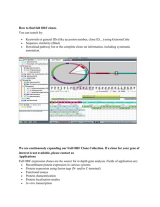 How to find full ORF clones
You can search by:




Keywords or general IDs (like accession number, clone ID,...) using GenomeCube
Sequence similarity (Blast)
Download pathway list or the complete clone set information, including systematic
annotation.

We are continuously expanding our Full ORF Clone Collection. If a clone for your gene of
interest is not available, please contact us
Applications
Full ORF expression clones are the source for in depth gene analysis. Fields of application are:
 Recombinant protein expression in various systems
 Protein expression using fusion tags (N- and/or C-terminal)
 Functional assays
 Protein characterization
 Protein localization studies
 In vitro transcription

 
