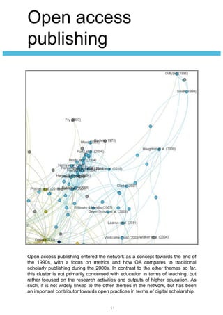 Open access
publishing
Open access publishing entered the network as a concept towards the end of
the 1990s, with a focus on metrics and how OA compares to traditional
scholarly publishing during the 2000s. In contrast to the other themes so far,
this cluster is not primarily concerned with education in terms of teaching, but
rather focused on the research activities and outputs of higher education. As
such, it is not widely linked to the other themes in the network, but has been
an important contributor towards open practices in terms of digital scholarship.
11
 