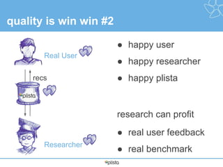 quality is win win #2
● happy user
Real User
recs

● happy researcher
● happy plista

research can profit
● real user feed...