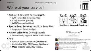 We're at your service!
• Archive-It Research Services (ARS)
• WAT (extended metadata files)
• LGA (temporal graphs)
• WANE (named entities)
• Special Seed Services (Artificial Zone Files)
• Language + GeoIP analysis
• Nation Wide Web (NWW) Search
• Customized / regional web + media search
• APIs
• WASAPI data-transfer API (Archive-It)
• Availability API + CDX Server (Wayback)
• More to come soon, stay tuned…
2019-06-12 Helge Holzmann (helge@archive.org)
26
 