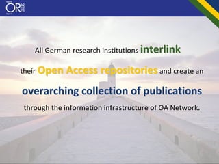 All German research institutions interlink

their Open Access repositories and create an

overarching collection of publications
through the information infrastructure of OA Network.
 