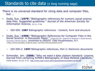 Standards to cite data  ( A  long running saga) <ul><li>There is no universal standard for citing data and computer files,...