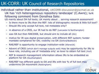 UK-CORR: UK  Council of Research Repositories <ul><li>individual rather than institutional,  [email_address]   UK has ‘ric...