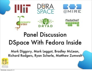 Panel Discussion
              DSpace With Fedora Inside
               Mark Diggory, Mark Leggot, Bradley McLean,
             Richard Rodgers, Ryan Scherle, Matthew Zumwalt



Wednesday, January 25, 12
 