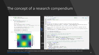 The concept of a research compendium
Gentleman, R., & Temple Lang, D. (2007). Statistical analyses and reproducible research. Journal of Computational and Graphical Statistics, 16(1), 1-23.
https://doi.org/10.1198/106186007X178663
Text Data Code Computational
environment
</>
Literate Programming:
Combining text, data, and code in one document, e.g., R Markdown
and Jupyter Notebooks
22
 