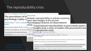 The reproducibility crisis
From: https://gph.is/g/4DAnQjB 8
https://doi.org/10.3758/s13428-015-0664-2
https://doi.org/10.1098/rsos.201494
https://doi.org/10.1080/13658816.2018.1508687
 