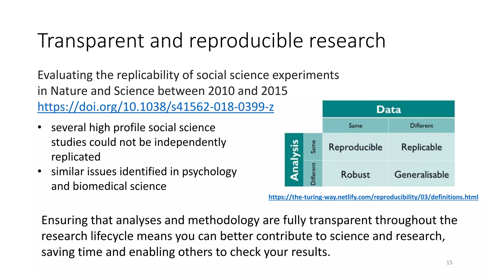 Transparent and reproducible research
15
Evaluating the replicability of social science experiments
in Nature and Science between 2010 and 2015
https://doi.org/10.1038/s41562-018-0399-z
Ensuring that analyses and methodology are fully transparent throughout the
research lifecycle means you can better contribute to science and research,
saving time and enabling others to check your results.
• several high profile social science
studies could not be independently
replicated
• similar issues identified in psychology
and biomedical science
https://the-turing-way.netlify.com/reproducibility/03/definitions.html
 