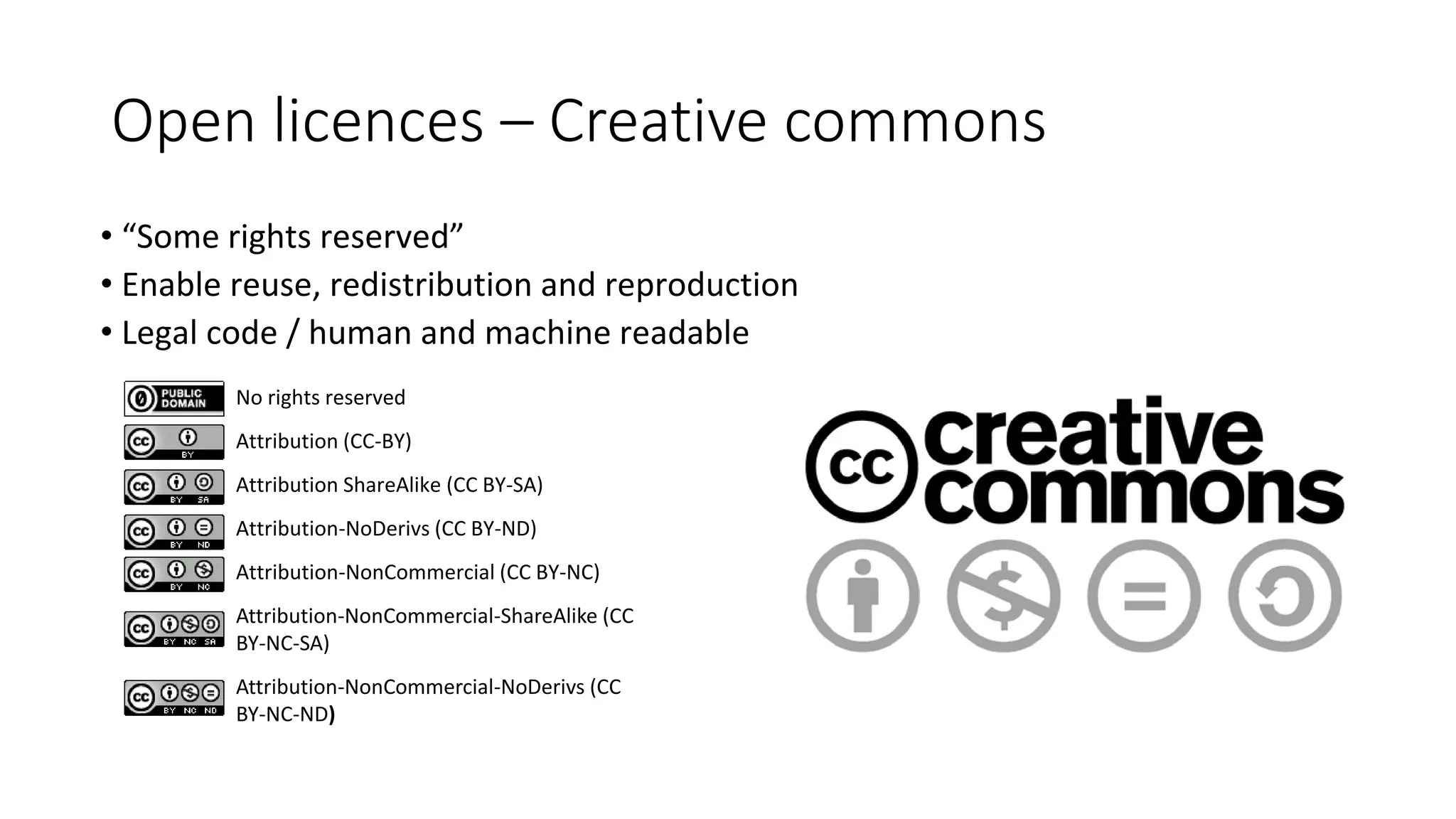 Open licences – Creative commons
• “Some rights reserved”
• Enable reuse, redistribution and reproduction
• Legal code / human and machine readable
No rights reserved
Attribution (CC-BY)
Attribution ShareAlike (CC BY-SA)
Attribution-NoDerivs (CC BY-ND)
Attribution-NonCommercial (CC BY-NC)
Attribution-NonCommercial-ShareAlike (CC
BY-NC-SA)
Attribution-NonCommercial-NoDerivs (CC
BY-NC-ND)
 