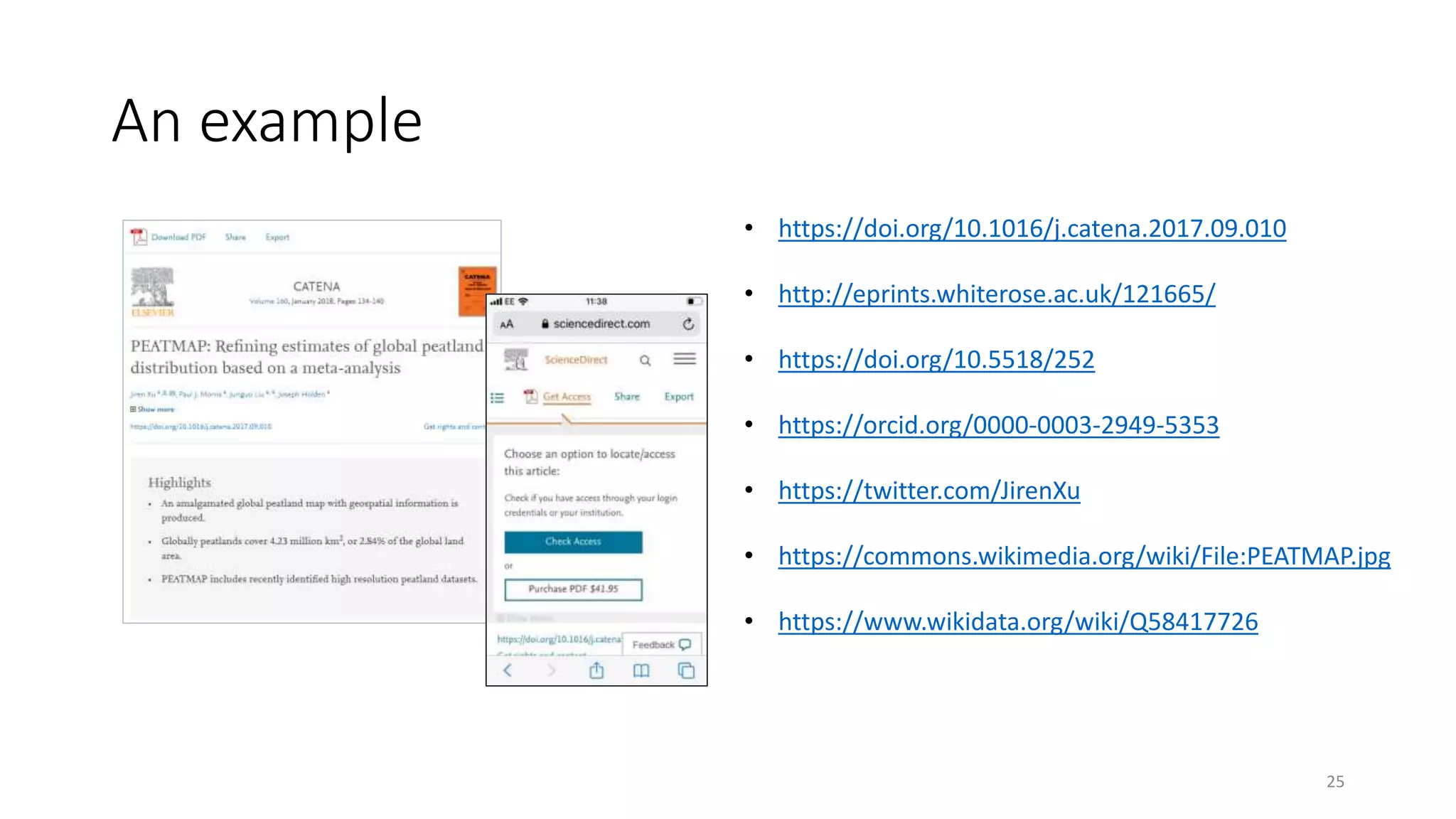 An example
25
• https://doi.org/10.1016/j.catena.2017.09.010
• http://eprints.whiterose.ac.uk/121665/
• https://doi.org/10.5518/252
• https://orcid.org/0000-0003-2949-5353
• https://twitter.com/JirenXu
• https://commons.wikimedia.org/wiki/File:PEATMAP.jpg
• https://www.wikidata.org/wiki/Q58417726
 