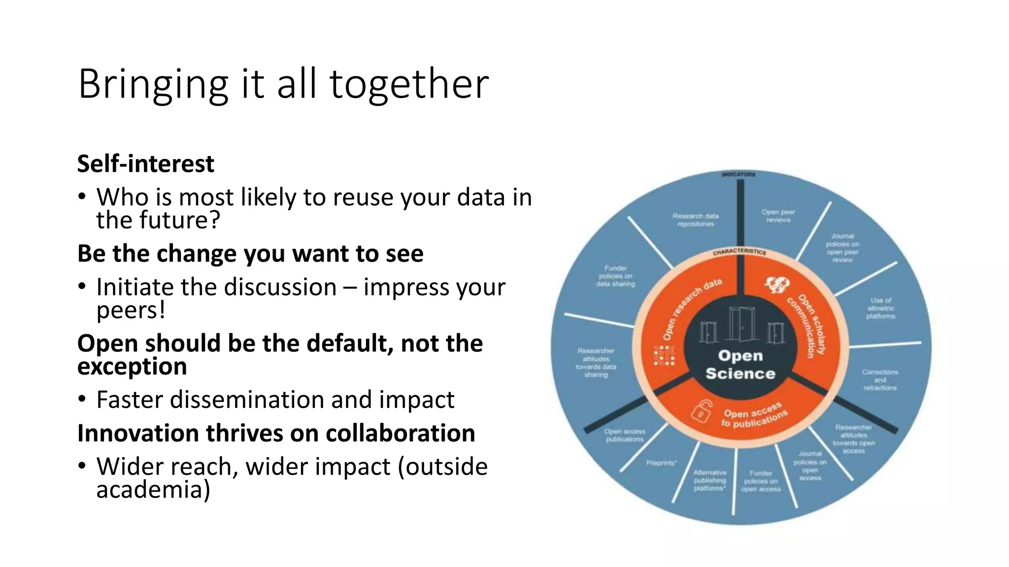 Self-interest
• Who is most likely to reuse your data in
the future?
Be the change you want to see
• Initiate the discussion – impress your
peers!
Open should be the default, not the
exception
• Faster dissemination and impact
Innovation thrives on collaboration
• Wider reach, wider impact (outside
academia)
Bringing it all together
 