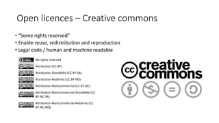 Open licences – Creative commons
• “Some rights reserved”
• Enable reuse, redistribution and reproduction
• Legal code / human and machine readable
No rights reserved
Attribution (CC-BY)
Attribution ShareAlike (CC BY-SA)
Attribution-NoDerivs (CC BY-ND)
Attribution-NonCommercial (CC BY-NC)
Attribution-NonCommercial-ShareAlike (CC
BY-NC-SA)
Attribution-NonCommercial-NoDerivs (CC
BY-NC-ND)
 