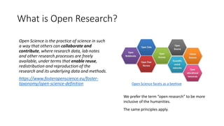 What is Open Research?
Open Science is the practice of science in such
a way that others can collaborate and
contribute, where research data, lab notes
and other research processes are freely
available, under terms that enable reuse,
redistribution and reproduction of the
research and its underlying data and methods.
https://www.fosteropenscience.eu/foster-
taxonomy/open-science-definition
We prefer the term “open research” to be more
inclusive of the humanities.
The same principles apply.
Open Science facets as a beehive
 