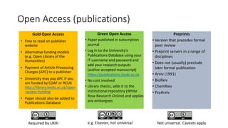 Open Access (publications)
Gold Open Access
• Free to read on publisher
website
• Alternative funding models
(e.g. Open Library of the
Humanities)
• Payment of Article Processing
Charges (APC) to a publisher
• University may pay APC if you
are funded by COAF or RCUK
http://library.leeds.ac.uk/open
-access-funding
• Paper should also be added to
Publications Database
Green Open Access
• Paper published in subscription
journal
• Log in to the University’s
Publications Database using your
IT username and password and
add your research outputs
(author accepted manuscript)
https://publications.leeds.ac.uk
• No cost involved
• Library checks, adds it to the
institutional repository (White
Rose Research Online) and applies
any embargoes
Preprints
• Version that precedes formal
peer review
• Preprint servers in a range of
disciplines
• Does not (usually) preclude
later formal publication
• Arxiv (1991)
• BioRxiv
• ChemRxiv
• PsyArxiv
e.g. Elsevier, not universal Not universal. Caveats applyRequired by UKRI
 