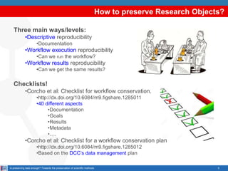 How to preserve Research Objects?
5Is preserving data enough? Towards the preservation of scientific methods
Three main wa...