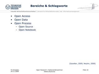 Bereiche & Schlagworte Open Access Open Data Open Process Open Source Open Notebook (Gazelter, 2009; Neylon, 2008) 