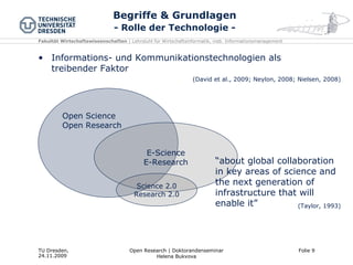 Begriffe & Grundlagen - Rolle der Technologie - Informations- und Kommunikationstechnologien als treibender Faktor (David et al., 2009; Neylon, 2008; Nielsen, 2008) E-Science E-Research Science 2.0 Research 2.0 Open Science Open Research (Taylor, 1993) “ about global collaboration in key areas of science and the next generation of infrastructure that will enable it” 