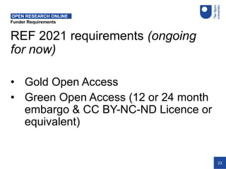 23
Funder Requirements
OPEN RESEARCH ONLINE
REF 2021 requirements (ongoing
for now)
• Gold Open Access
• Green Open Access (12 or 24 month
embargo & CC BY-NC-ND Licence or
equivalent)
 