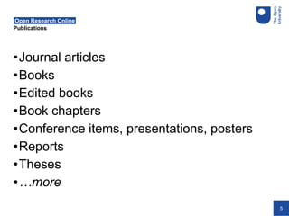 5
Publications
Open Research Online
•Journal articles
•Books
•Edited books
•Book chapters
•Conference items, presentations, posters
•Reports
•Theses
•…more
 
