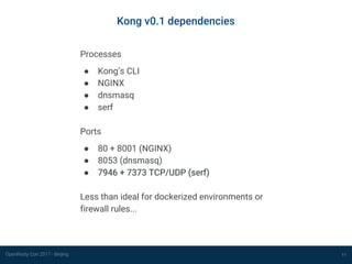 OpenResty Con 2017 - Beijing 11
Kong v0.1 dependencies
Processes
● Kong’s CLI
● NGINX
● dnsmasq
● serf
Ports
● 80 + 8001 (NGINX)
● 8053 (dnsmasq)
● 7946 + 7373 TCP/UDP (serf)
Less than ideal for dockerized environments or
firewall rules...
 