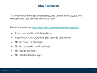 OpenResty Con 2017 - Beijing
DNS Resolution
31
To remove our dnsmasq dependency, and use balancer_by_lua, we
must resolve DNS records in the Lua land.
Part of the solution: https://github.com/openresty/lua-resty-dns
● Pure Lua, bundled with OpenResty
● Resolves A, AAAA, CNAME, SRV records (and more)
● No /etc/hosts parsing ☹
● No /etc/resolv.conf parsing ☹
● No results caching ☹
● No DNS load-balancing ☹
 