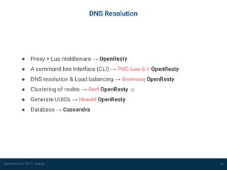OpenResty Con 2017 - Beijing 41
DNS Resolution
● Proxy + Lua middleware → OpenResty
● A command line interface (CLI) → PUC-Lua 5.1 OpenResty
● DNS resolution & Load balancing → dnsmasq OpenResty
● Clustering of nodes → Serf OpenResty ☺
● Generate UUIDs → libuuid OpenResty
● Database → Cassandra
 