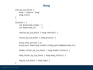 OpenResty Con 2017 - Beijing
Kong
9
init_by_lua_block {
kong = require 'kong'
kong.init()
}
…
location / {
set $upstream_scheme '';
set $upstream_uri '';
rewrite_by_lua_block { kong.rewrite() }
access_by_lua_block { kong.access() }
proxy_http_version 1.1;
proxy_pass $upstream_scheme://kong_upstream$upstream_uri;
header_filter_by_lua_block { kong.header_filter() }
body_filter_by_lua_block { kong.body_filter() }
log_by_lua_block { kong.log() }
}
 