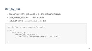 init_by_lua
Nginxが HUP を受けた時, confをリロードした時などに呼ばれる
 lua_shared_dict もここで使える(後述)
 v0.9.17 以降は init_by_lua_block 推奨
init_by_lua 'cjson = require "cjson"';
server {
location = /api {
content_by_lua_block {
ngx.say(cjson.encode({dog = 5, cat = 6}))
}
}
14
 