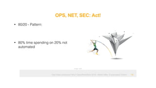 Ops hates containers! Why? OpenRheinRuhr 2018 - Martin Alfke © example42 GmbH
OPS, NET, SEC: Act!
!15
• 80/20 - Pattern:
• 80% time spending on 20% not
automated
Image: tatlin
 