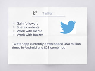 Twitter
▧ Gain followers
▧ Share contents
▧ Work with media
▧ Work with buzzer
Twitter app currently downloaded 350 million
times in Android and iOS combined
 