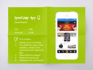 Place your screenshot here
OpenSnap App
Downloads :
iOS - 3.9k
Android - 510k
R & D Note :
1. Needs to be in bahasa
2. Two different app is less
usability, needs to be
combined with Openrice
app
3. Need efficient design
4. Need more pictures
5. Database not connected
 