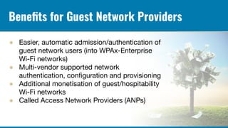 Beneﬁts for Guest Network Providers
● Easier, automatic admission/authentication of
guest network users (into WPAx-Enterpr...