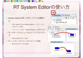 SUGAR SWEET ROBOTICS CO., LTD.
RT System Editorの使い方
• System Editorを開いてRTシステムを編集す
る
- File > Open On-Line System Editorもしくはツールバー
上のボタン (右図)
- メインビューに空の「System Diagram」が表示される
• ネームサービスビューからドラッグ＆ドロッ
プ
– 利用するRTCをすべて表示
• ポートとポートをドラッグ＆ドロップで接続
– 表示されるダイアログはOK
10
 