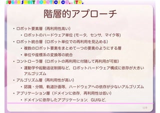 SUGAR SWEET ROBOTICS CO., LTD.
階層的アプローチ
• ロボット要素層（再利用性高い）
• ロボットのハードウェア単位 (モータ，センサ，マイク等)
• ロボット統合層（ロボット単位での再利用を見込める）
• 複数のロボット要素をまとめて一つの要素のようにする層
• 単位や座標系の変換等の統合
• コントローラ層（ロボットの再利用に付随して再利用が可能）
• 運動学や起動追従制御など，ロボットハードウェア構成に依存が大きい
アルゴリズム
• アルゴリズム層（再利用性が高い）
• 認識・分類，軌道計画等，ハードウェアへの依存が少ないアルゴリズム
• アプリケーション層（ドメインに依存．再利用性は低い）
• ドメインに依存したアプリケーション．GUIなど．
119
 