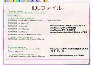 SUGAR SWEET ROBOTICS CO., LTD.
IDLファイル
127
		/*!	
			*	@interface	OGMapper	
			*	@brief	Occupancy	Grid	Map	Builder	Service	Interface	
			*/	
		interface	OGMapper	{	
					
				///	Initialize	Current	Build	Map	Data	
				RETURN_VALUE	initializeMap(in	OGMapConfig	config,	in	Pose2D	initialPose);	
				RETURN_VALUE	startMapping();	
				RETURN_VALUE	stopMapping();	
				RETURN_VALUE	suspendMapping();	
				RETURN_VALUE	resumeMapping();	
				RETURN_VALUE	getState(out	MAPPER_STATE	state);	
				///	Request	Current	Build	Map	Data	
				RETURN_VALUE	requestCurrentBuiltMap(out	OGMap	map);	
		};	
OGMapperはマップ作成用インターフェース

startMappingでマップ作成開始

stopMappingでマップ作成終了

requestCurrentBuiltMapで現在のマップ要求
		/*!	
			*	@interface	OGMapServer	
			*	@brief	Occupancy	Grid	Map	Service	Interface	
			*/	
		interface	OGMapServer	{	
					
				///	Request	Current	Build	Map	Data	
				RETURN_VALUE	requestCurrentBuiltMap(out	OGMap	map);	
		};
OGMapServerはマップを単純に配信するための

インターフェース

requestCurrentBuiltMapでマップを取得
 