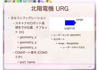 SUGAR SWEET ROBOTICS CO., LTD.
北陽電機 URG
• 主なコンフィグレーション
– スキャナのロボット座
標系での位置，オフセッ
ト [m]
• geometry_x
• geometry_y
• geometry_z
– COMポート番号 (COM3
とか)
• port_name
145
• レーザーセンサ URGのRTC
• 出⼒ポート
• range : RangeData
• レーザースキャナ出⼒
 