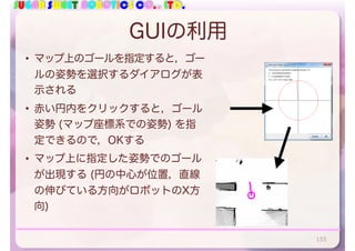 SUGAR SWEET ROBOTICS CO., LTD.
GUIの利用
• マップ上のゴールを指定すると，ゴー
ルの姿勢を選択するダイアログが表
示される
• 赤い円内をクリックすると，ゴール
姿勢 (マップ座標系での姿勢) を指
定できるので，OKする
• マップ上に指定した姿勢でのゴール
が出現する (円の中心が位置，直線
の伸びている方向がロボットのX方
向)
155
 