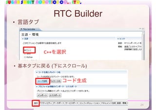 SUGAR SWEET ROBOTICS CO., LTD.
RTC Builder
• 言語タブ
C++を選択
24
• 基本タブに戻る (下にスクロール)
コード生成
 
