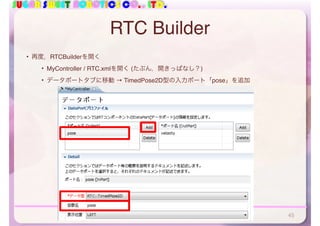 SUGAR SWEET ROBOTICS CO., LTD.
RTC Builder
• 再度，RTCBuilderを開く
• MyController / RTC.xmlを開く (たぶん，開きっぱなし？)
• データポートタブに移動 → TimedPose2D型の入力ポート「pose」を追加
45
 