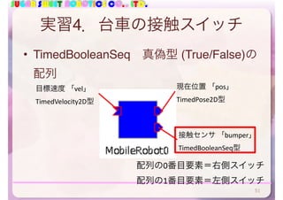 SUGAR SWEET ROBOTICS CO., LTD.
実習4．台車の接触スイッチ
• TimedBooleanSeq 真偽型 (True/False)の
配列
目標速度	「vel」	
TimedVelocity2D型
現在位置	「pos」	
TimedPose2D型
接触センサ	「bumper」	
TimedBooleanSeq型
配列の0番目要素＝右側スイッチ	
配列の1番目要素＝左側スイッチ
51
 